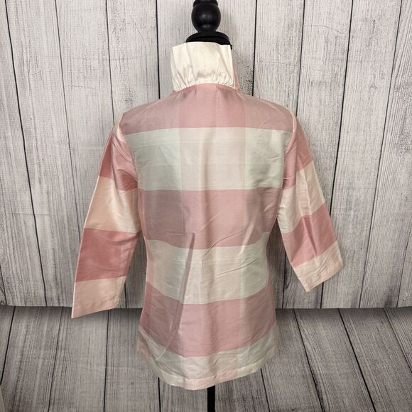 Devon Baer Women's Small Pink & White Ruffle 3/4 Sleeve 100% Silk Blouse Top - Picture 4 of 7